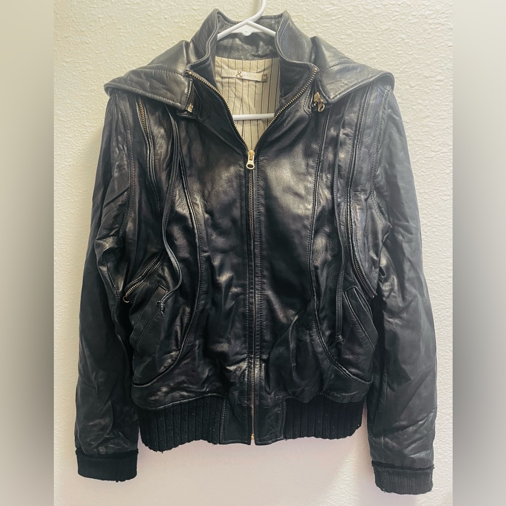 Mike & Chris Genuine Black Leather Full Zip Jacket with Removable Hood